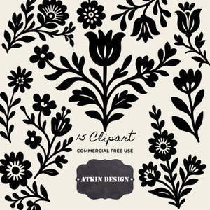 Peut inclure: Éléments de clipart floraux noirs sur fond crème. L'image présente divers motifs stylisés de fleurs et de feuilles, dont des tulipes et des marguerites. Le texte comprend "15 Clipart", "Commercial Free Use" et "Atkin Design".
