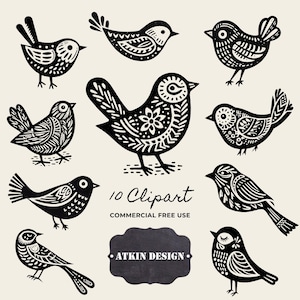 Floral Bird Lino Print Cliparts: Nordic Black and White Illustrations (Digital Download)