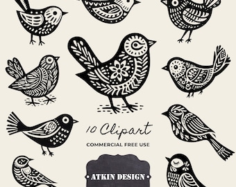 Floral Bird Lino Print Cliparts: Nordic Black and White Illustrations (Digital Download)