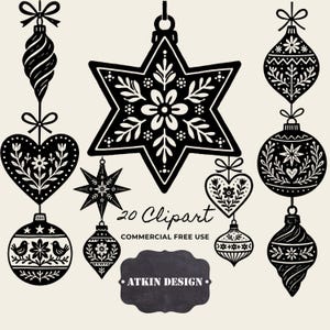 May include: Black and white Christmas ornament clipart set. Includes various shapes like stars, hearts, and teardrops, all with intricate floral and geometric designs. The text "20 Clipart Commercial Free Use" and "ATKIN DESIGN" are also included.