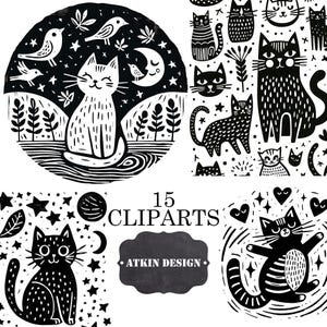 Può includere: Set di clip art digitali in bianco e nero con varie illustrazioni di gatti, stelle, lune, uccelli e fogliame. Il set include il testo "15 Cliparts" e il logo "Atkin Design".