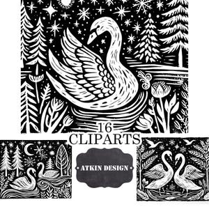 May include: Black and white digital art featuring a swan on a lake surrounded by trees, flowers, and stars. The image includes the text "16 Cliparts" and "Atkin Design". The art style is reminiscent of a woodcut print.