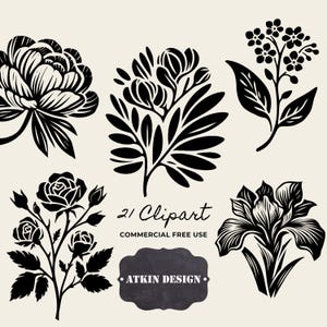 Könnte beinhalten: Schwarz-weiß Blumen-Cliparts mit verschiedenen Blumenmotiven, darunter eine Pfingstrose, Rose und Iris. Das Bild enthält den Text "21 Clipart COMMERCIAL FREE USE" und das Logo "ATKIN DESIGN" auf einem dunkelgrauen Hintergrund.