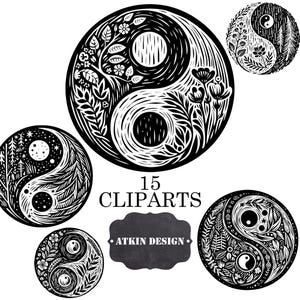 Impresión en linóleo de tamaño póster Yin Yang - Ilustraciones en estilo de impresión en madera - Arte Yin Yang en blanco y negro - 15 elementos de clipart - Arte con sellos