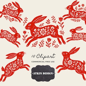 May include: Red and white floral rabbit clipart set. The rabbits are running and jumping, with floral and heart designs. The text "10 Clipart" and "Commercial Free Use" are included. The Atkin Design logo is also present.