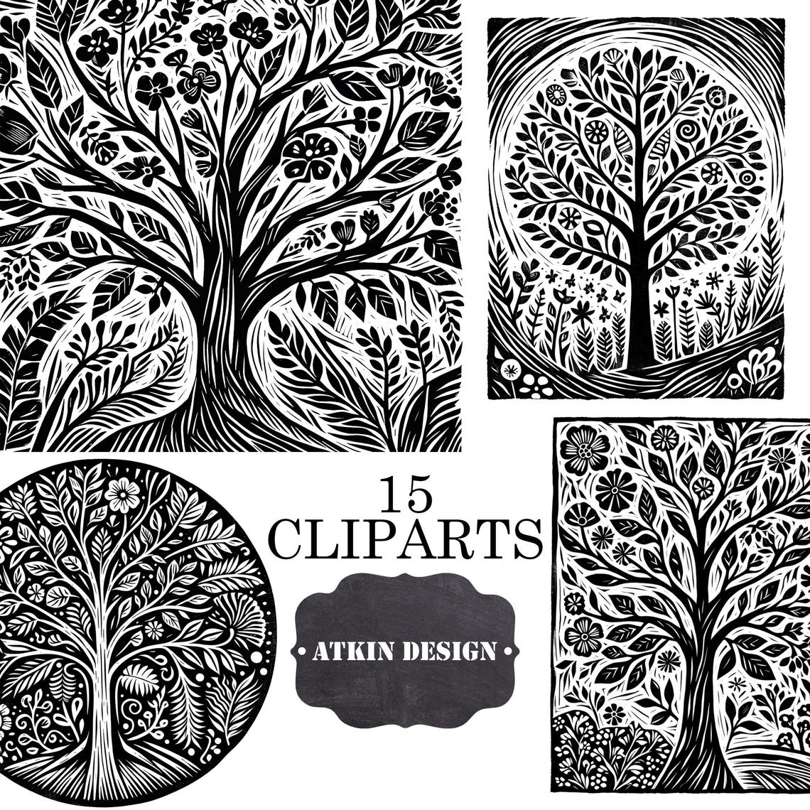 Lino Print Floral Tree Clipart: Black & White Tree Illustrations ...