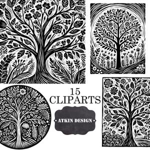May include: Black and white illustrations of trees with intricate details. The trees are surrounded by flowers and leaves. The text "15 CLIPARTS" and "ATKIN DESIGN" are also included in the image.