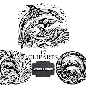 Linoprint Dolphin Clipart Collection - Illustrations de style impression numérique - Art numérique dauphin noir et blanc - Stamp Art