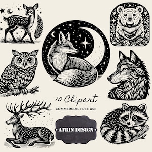 Images d'impression lino animaux de la forêt : cerf, renard, hibou, ours, loup (téléchargement numérique)