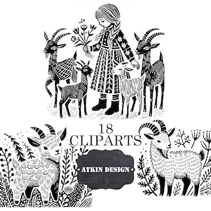 K&ouml;nnte beinhalten: Schwarzwei&szlig;illustration eines M&auml;dchens mit einem Blumenstrau&szlig; und f&uuml;nf Ziegen. Die Illustration tr&auml;gt den Titel "18 CLIPARTS" und "ATKIN DESIGN".