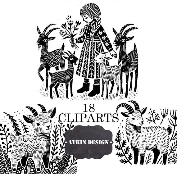 Goat Clipart Collection: Lino Print Farmhouse Illustrations (Digital Art)