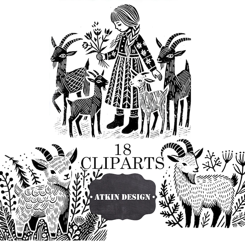 K&ouml;nnte beinhalten: Schwarzwei&szlig;illustration eines M&auml;dchens mit einem Blumenstrau&szlig; und f&uuml;nf Ziegen. Die Illustration tr&auml;gt den Titel "18 CLIPARTS" und "ATKIN DESIGN".