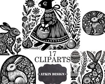 Linoprint Rabbit Clipart: Folk Easter Illustrations (Digital Art)