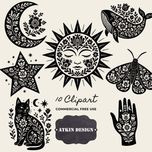 May include: Black and white clipart set featuring celestial and nature-inspired designs. Includes a crescent moon, star, sun with a face, whale, moth, cat, hand, and floral elements. The text "10 Clipart" and "Commercial Free Use" are also included.