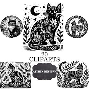 Poster Größe Linoldruck Katzen - Waldland Linol Illustrationen - Schwarzweiße Katze Digital Art - 20 Katzen Clipart Elemente - Stempel Katze Art