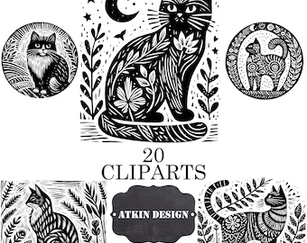 Poster Size Lino Print Cats - Woodland Lino Illustrations - Black and White Cat Digital Art - 20 Cat Clipart Elements - Stamp Cat Art