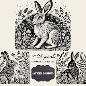 Woodland Hare Lino Print: 白黒ウサギのイラスト（30 要素）