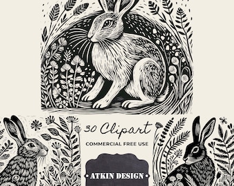 Woodland Hare Lino Print: Black and White Rabbit Illustrations (30 Elements)