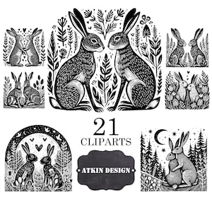 Puede incluir: Un conjunto de 21 imágenes de clip art digitales en blanco y negro que presentan ilustraciones estilizadas de conejos en varias poses y entornos. El texto "21 CLIPARTS" y "ATKIN DESIGN" está incluido en la imagen.