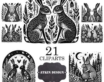 Poster Size Woodland Hare Lino Print - Woodland Rabbit Couples Illustrations - Black and White Digital Woodland Art - 21 Elements