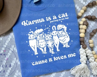 Karma ist ein Katzen-Shirt, Komfort Farben Shirt, Vintage inspiriertes Katzen-Shirt, Taylor Katzen-Shirt, Midnights Shirt, Eras Tour T-Shirt, Katzenliebhaber Shirt