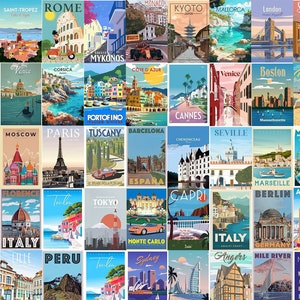 50 Stück Reise Poster | Retro Ästhetik | Vintage Reise Wandkunst | Ästhetische Wandcollage | Reise Poster | Zimmer Dekor | Vintage Plakat