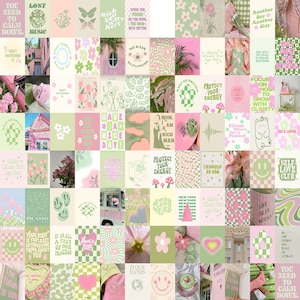 100 impressions d'affiches vintage vertes et roses, collage d'affiches vintage, collage de photos mural esthétique rose, collage de photos esthétiques