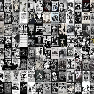 100 PCS / Cartel de concierto vintage / Impresiones de carteles retro punk y rock clásico / Kit de collage de pared de banda de música vintage / Cartel de punk rock negro