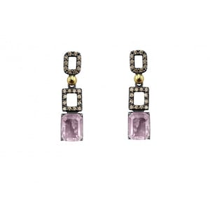 Pendientes Plata Y Oro Laminado De 18k, Dobletes Cuarzo Rosa Y Circonitas Champán