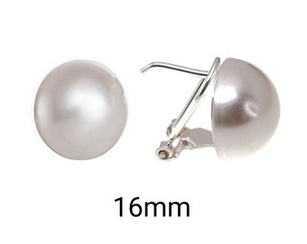 Pearl and Silver Earrings - Women's Half Pearl and Omega Closure Earrings in high quality 925 STERLING Silver - Sizes 14/16/18/20 mm