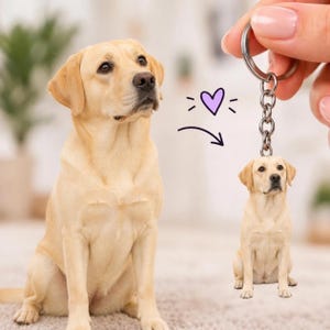 May include: A silver metal keychain featuring a small, flat, realistic cutout of a yellow Labrador Retriever dog. The keychain is suspended from a circular ring and displays a detailed image of the dog sitting in a forward-facing pose.
