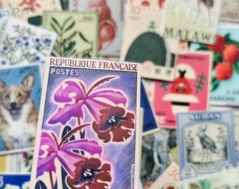 Retro Worldwide Country Name Stamp, Vintage Postage Stamp International Botanical Floral & Animal Letterbox and Mail Art,