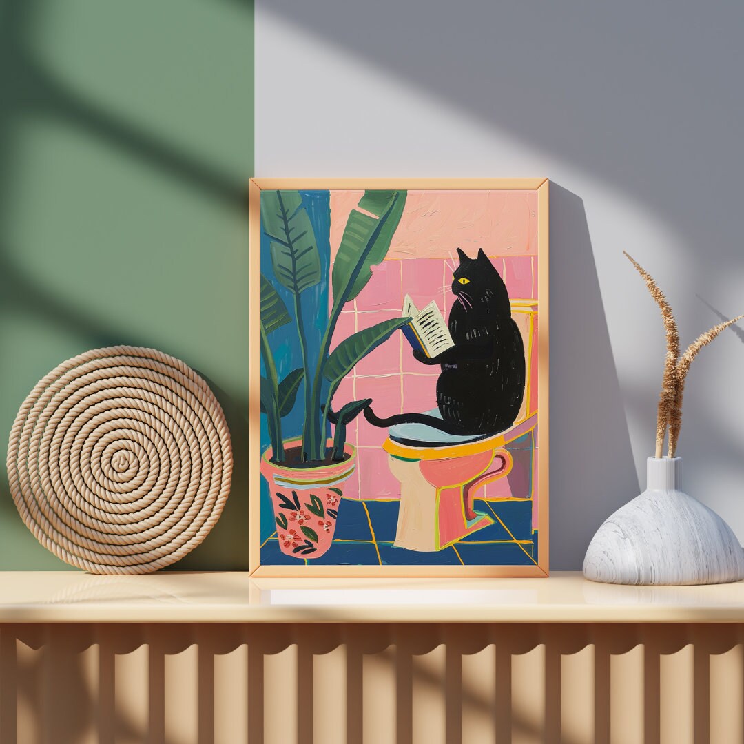 Black Cat on the Toilet Art Print, Pink Bathroom Art Prints, Funny ...