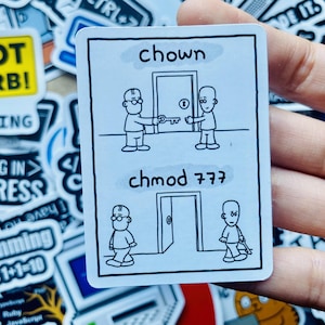 Może przedstawiać: Biała naklejka z czarnymi rysunkami dw&oacute;ch postaci. G&oacute;rna postać jest oznaczona jako "chown", a dolna jako "chmod 777". Obie postaci wchodzą w interakcję z drzwiami. Naklejka znajduje się na tle innych naklejek.