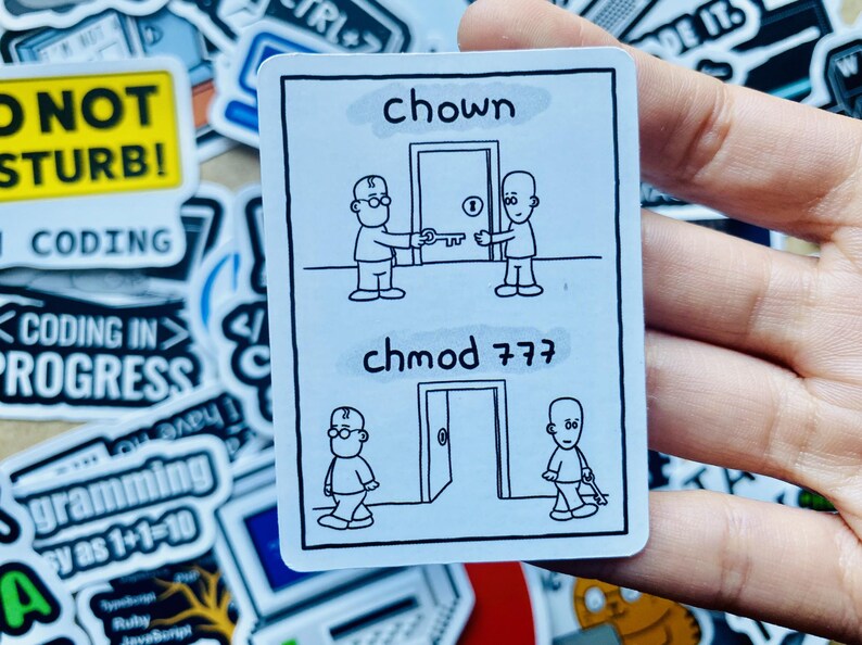 Może przedstawiać: Biała naklejka z czarnymi rysunkami dw&oacute;ch postaci. G&oacute;rna postać jest oznaczona jako "chown", a dolna jako "chmod 777". Obie postaci wchodzą w interakcję z drzwiami. Naklejka znajduje się na tle innych naklejek.