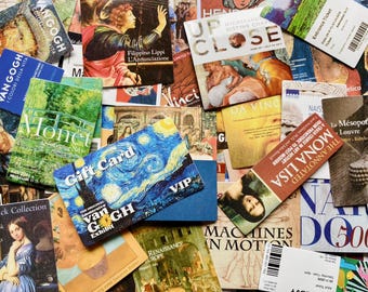 May include: A collection of art-related items, including museum tickets, gift cards, and brochures. The items feature famous artworks and artists like Van Gogh, Monet, and Da Vinci. The color palette is diverse, with blues, greens, and browns.