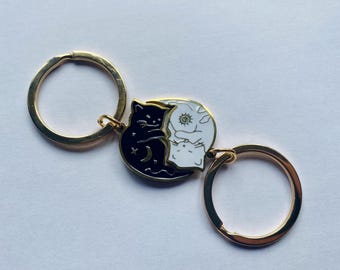 Celestial Cat Lover Keychains I Yin & Yang Black and White Steel Keychains