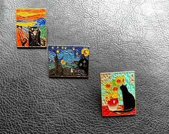 Black Cat Art Enamel Pin: Sunflower, Starry Night, The Scream