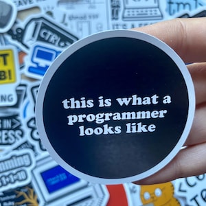 Może przedstawiać: Czarno-biała naklejka z tekstem "this is what a programmer looks like" na białym tle.