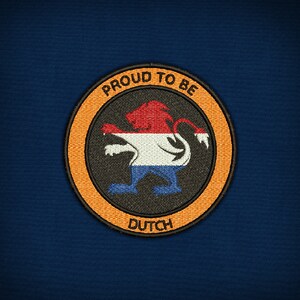 May include: Orange and black embroidered patch with a lion holding the Dutch flag and the text "Proud to be Dutch".