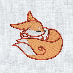 May include: Embroidered design of a curled up orange fox with white accents. The fox is curled up in a ball with its tail wrapped around its body.