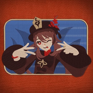 May include: Embroidered patch featuring a cartoon character with brown hair, wearing a brown and gold hat with a red flower, a brown and red outfit, and a red and white collar. The character is winking and making a peace sign with both hands. The background is blue with a white design.