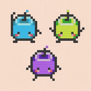 May include: Three pixelated cartoon characters in blue, green, and purple. Each character has a square body, small arms and legs, and a small antenna. The characters have pink cheeks and are set against a light pink background.