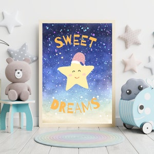 Dulces sueños, cartel de dulces sueños, estrella, cartel de habitación infantil, cartel de dulces sueños, espacio, A4, impresión digital, planetas, cohete
