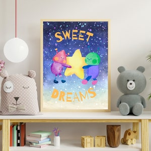 Dulces sueños, cartel de dulces sueños, extraterrestre, cartel de la habitación de los niños, cartel de dulces sueños, espacio exterior, espacio, A4, impresión digital, planetas, cohete