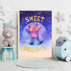 cartel de dulces sueños, cartel con extraterrestre, cartel de la habitación de los niños, cartel de dulces sueños, espacio exterior, espacio, A4, impresión digital, planetas, cohete