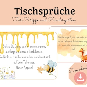 May include: A set of rectangular cards titled Tischsprüche Für Krippe und Kindergarten featuring German text, watercolor illustrations of honey drips, a bee, wildflowers, and a dragon, with a pink download icon in the bottom right corner.