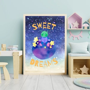 Dulces sueños, cartel de dulces sueños, alienígena, cartel con estrella, cartel de la habitación de los niños, cartel de dulces sueños, espacio, espacio, A4, impresión digital