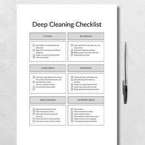 May include: A printable deep cleaning checklist with sections for kitchen, bathroom, living areas, bedrooms, deep cleaning, and outdoor areas. The checklist is in black text on a white background, with a pen resting on the right side.