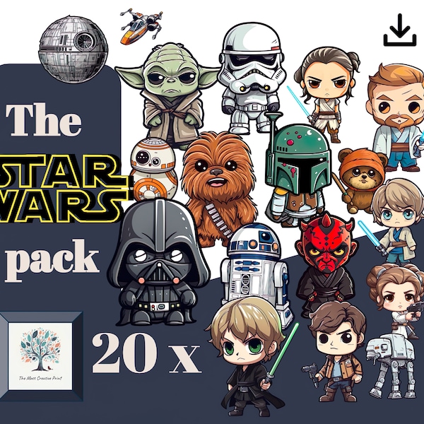 StarWars Sticker PNG pack | Chibi Cute Vector Clipart Bundle of 20 Star Wars Characters PNG SVG High Quality Instant Download